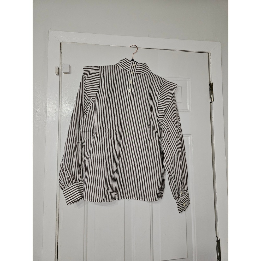 Everlane Mock Neck Ruffle Blouse Womens 6 Brown Striped New Cotton Button Back - Picture 2 of 7
